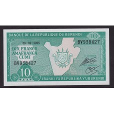 BURUNDI 2005 BILLETE SIN CIRCULAR DE 10 FRANCOS